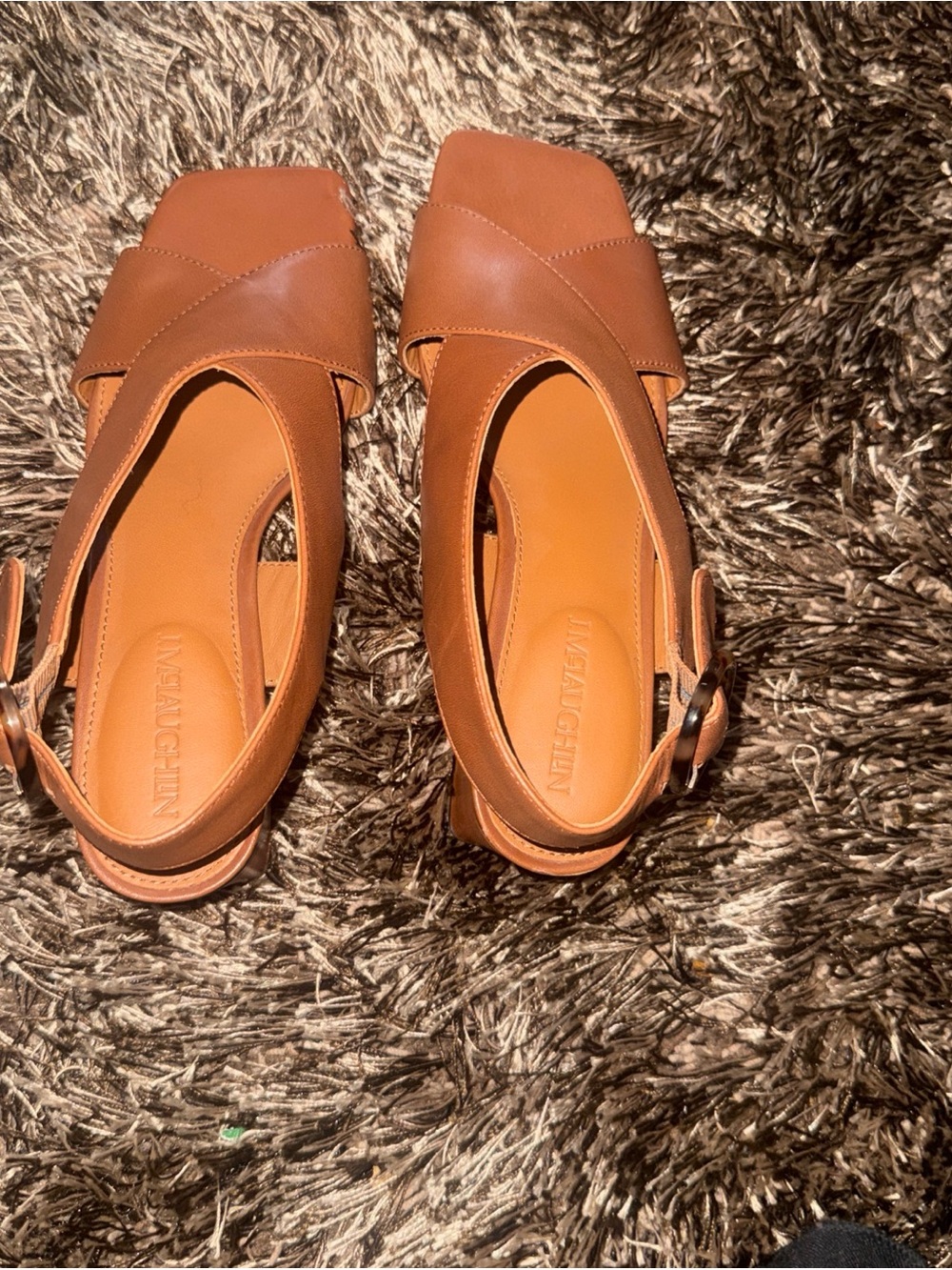 J. McLaughlin Cognac Leather Square-Toe Slingback Mules